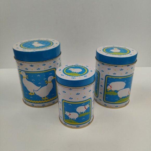 Vintage Farmhouse Country Kitchen Nesting Tin Canisters Set of 3, 1984 - Picture 1 of 12